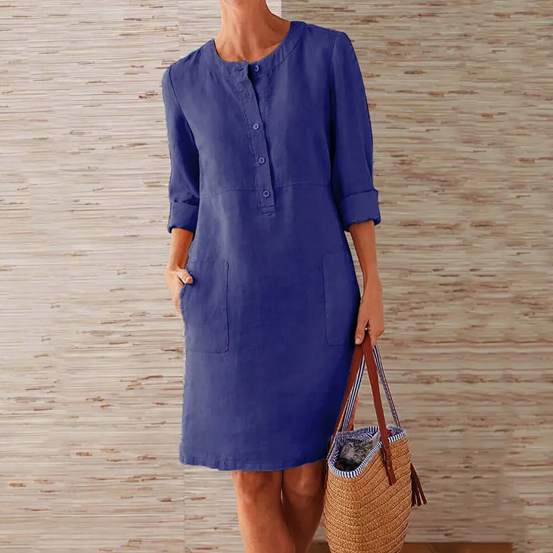 

2020 Fashion Autumn Women's MIDI Dress Women's Solid Color Loose Cotton Hemp New O-neck Long Sleeve Casual Dress Vestidos