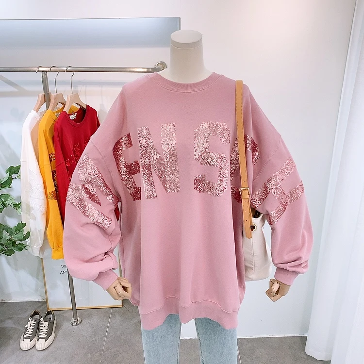 2020 Spring and Autumn New Oversized Hoodie Coat Korean Casual Sequined Letters Lazy Wind Loose Pullover Hoody Women Sweatshirt | Женская