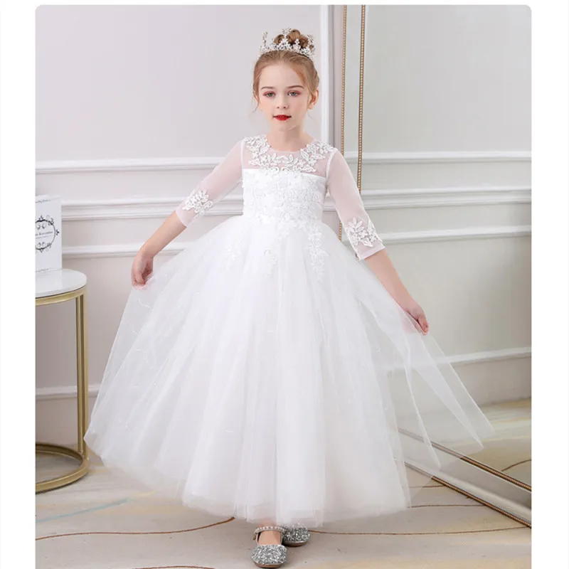 

Half Sleeve Summer Girls Dress for wedding Party Elegant Prom Bridesmaid Princess Girls Dresses Ceremony White Lace Kids Clothes
