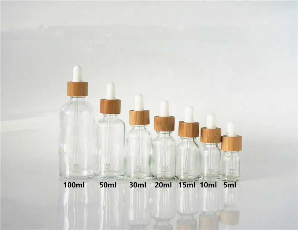 

5/10/15/20/30/50/100ml Glass Empty Essential Oil Bottle GNatural Bamboo Cover White Rubber Head Dropper Cover Clear Containers