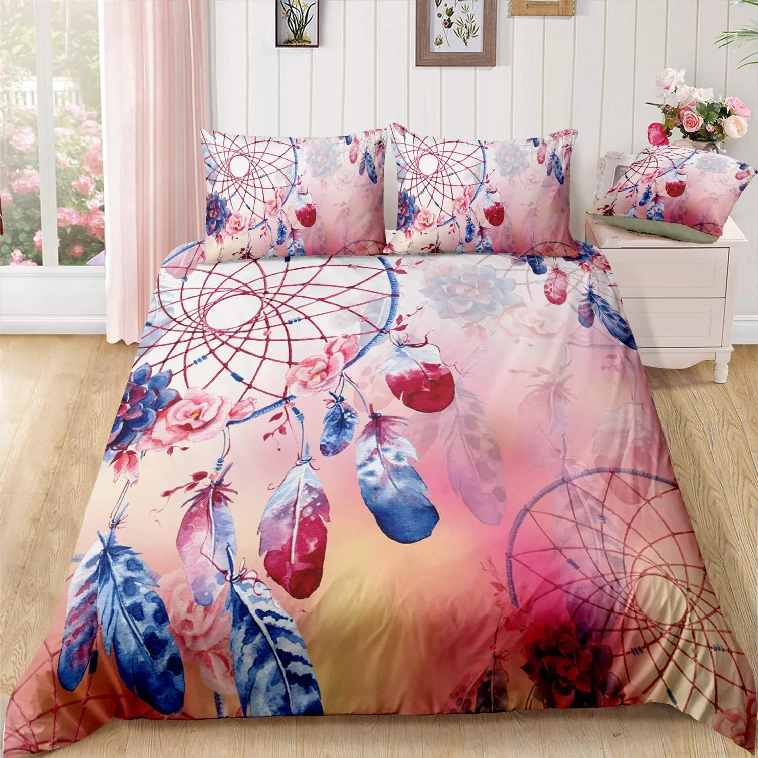 

A & S Dream Catcher Bedding Set Hippie Bedding Set Feather Boho Chic Duvet Cover for Girls Decorative