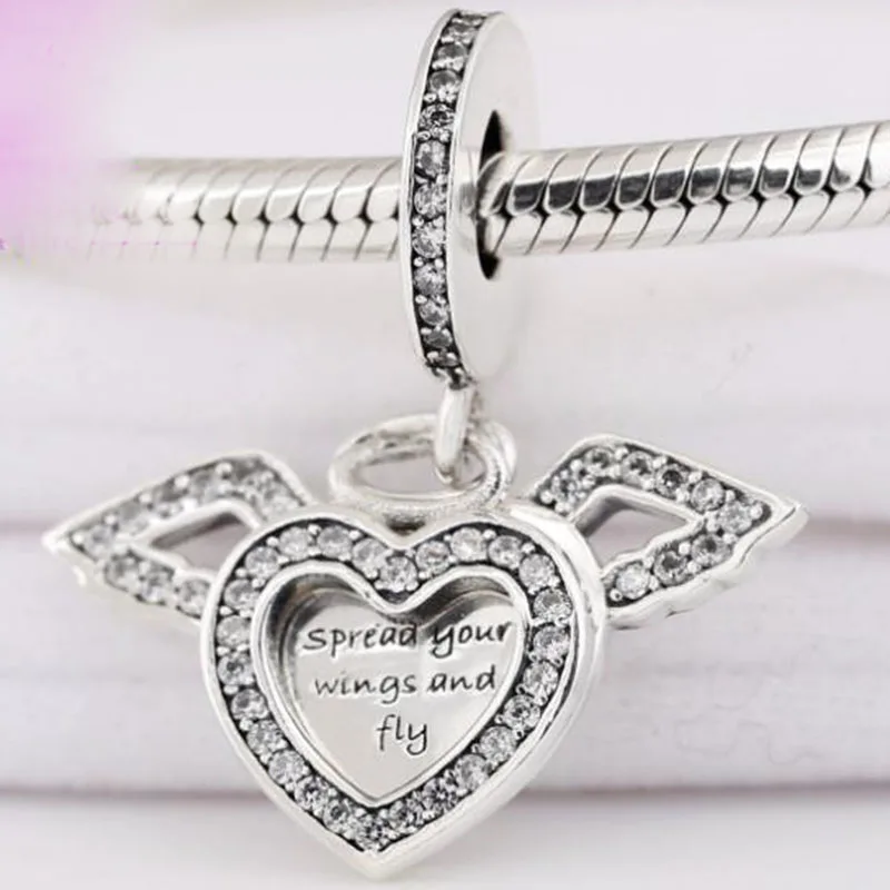 

100% 925 Sterling Silver Charm Creative Angel Wing Love Pendant Fit Pandora Women Bracelet & Necklace Diy Jewelry