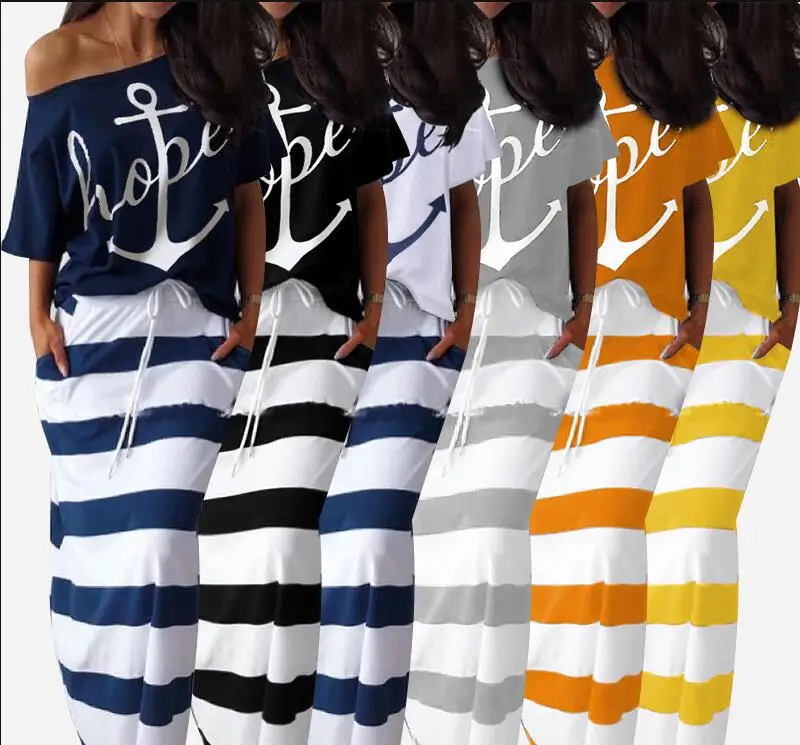 Casual style 2 piece skirt suit short sleeve loose top and striped long two set lady simple |