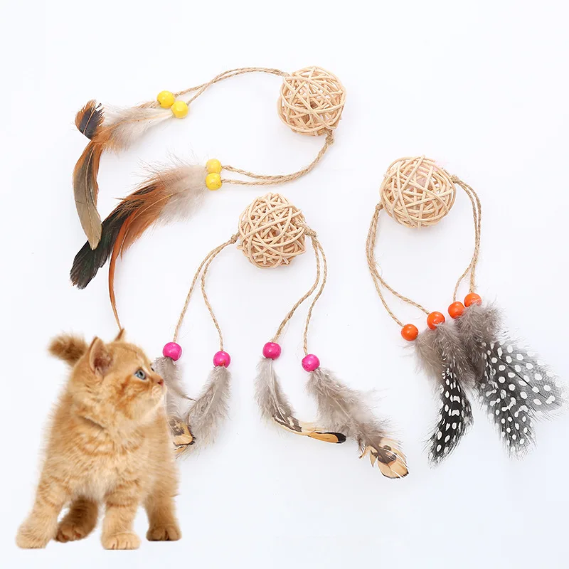 

Colorful Cat Teaser Toy Rattan Ball With Sword String Feather Cat Tosses Toy Rattan Ball With Feather Cat Interactive Toy