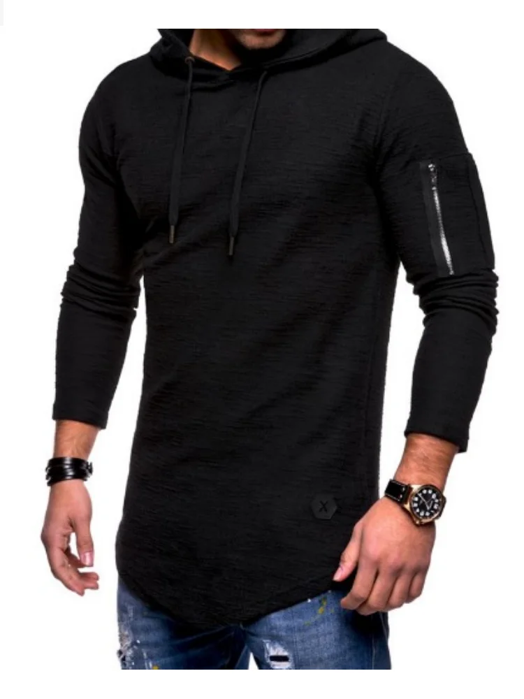 

2021 hot style male solid color round collar hooded long sleeve T shirt arm zipper splice European wind long T shirt