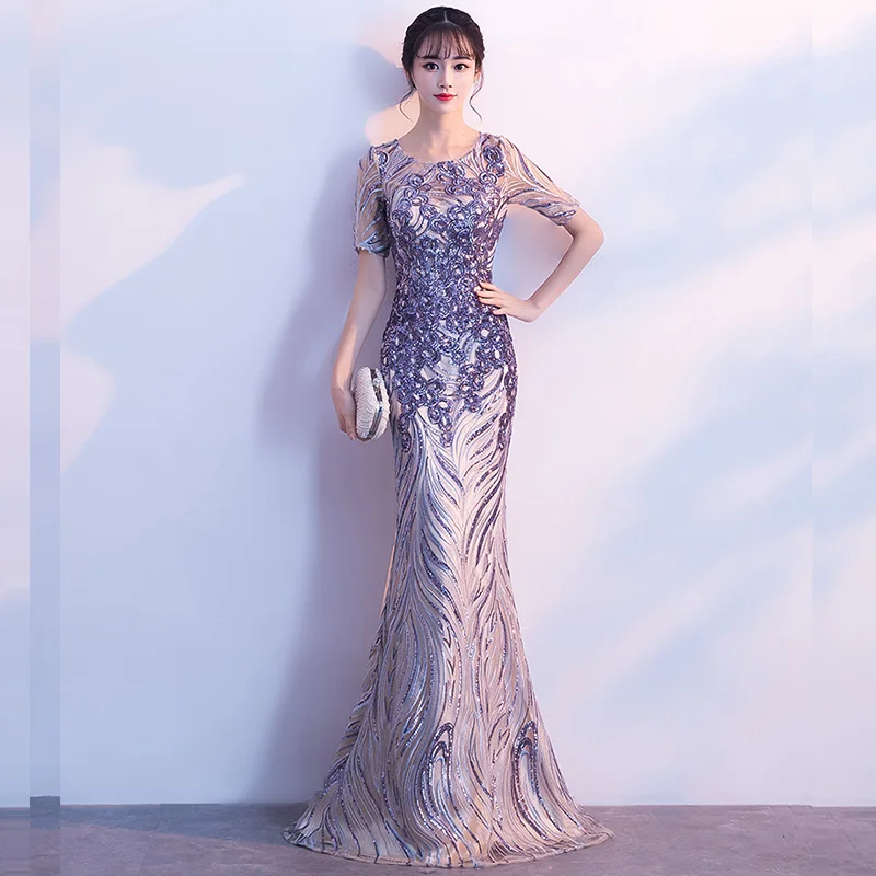 

Evening Dress Half-sleeve Sequined Women Party Dresses Floor Length Elegant Robe De Soiree 2019 O-neck Formal Evening Gowns F210