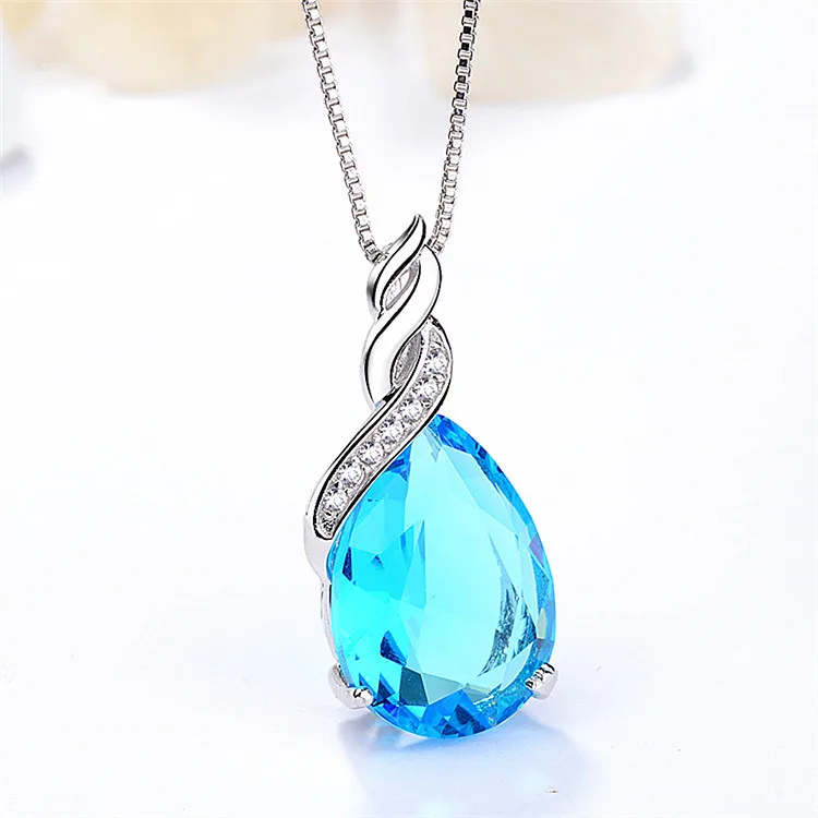 

High Grade Brand S925 Sterling Silver Necklace Large Blue Topaz Ocean Heart Pendent Shining Fine Jewelry Chain Accessories