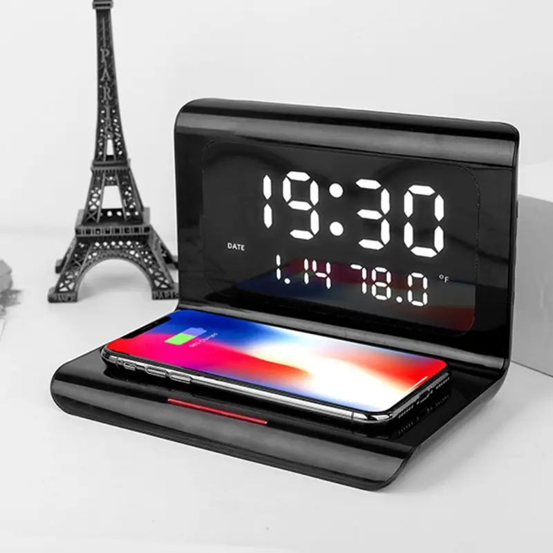 

Electric Clock Perpetual Calendar Wireless Charger Desktop LED Digital Alarm Clock with 10W Wireless Phone Charging Pad
