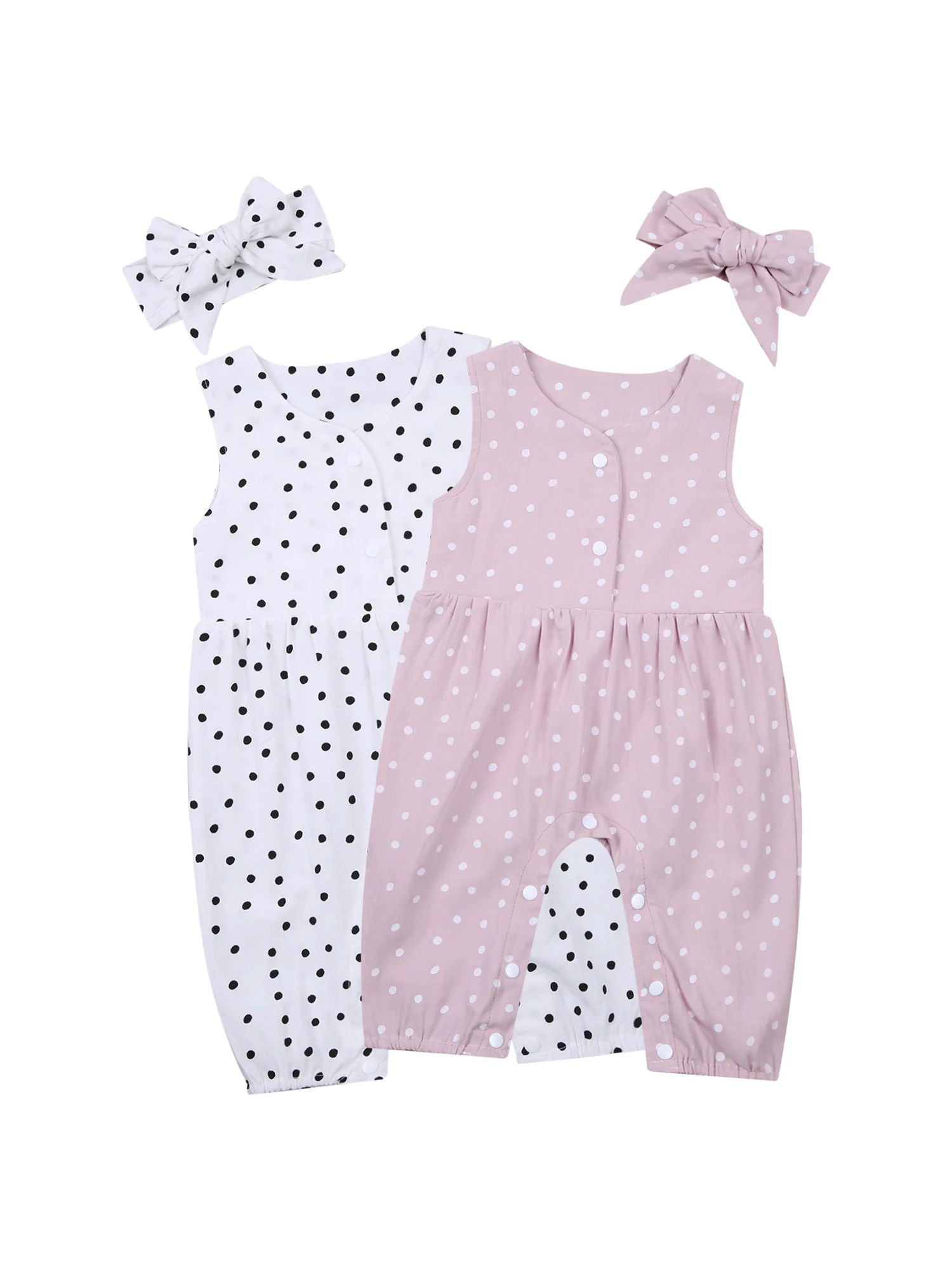 

Infant Sleeveless Jumpsuit + Bow Headband, Polka Dot Print Summer Clothing (White/Pink) 0-24M