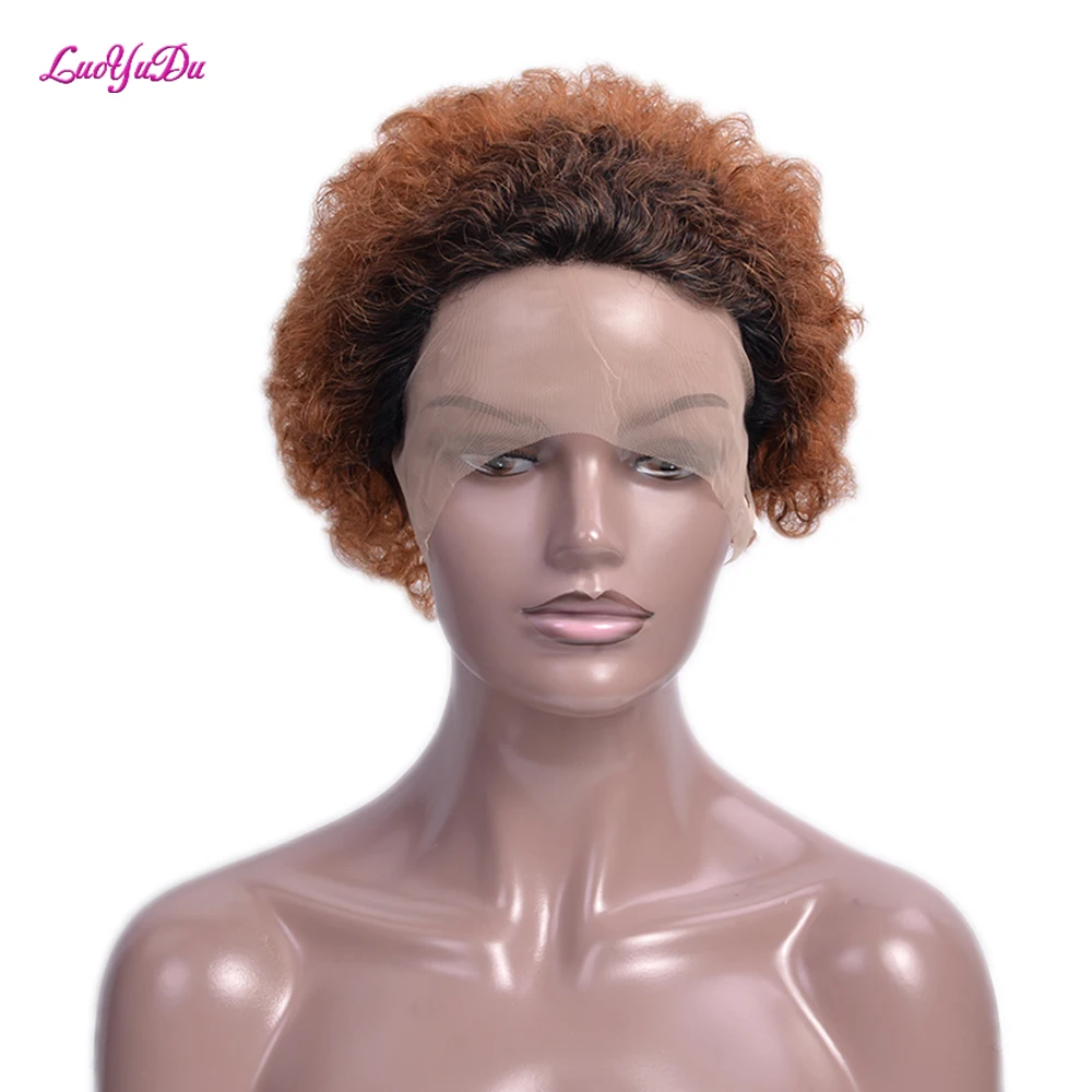 

LUOYUDU синтетический парик вырезанная челка 4 дюйма Короткие афро курчавые вьющиеся волосы парики смешивают волосы кружевной фронтальный пар...