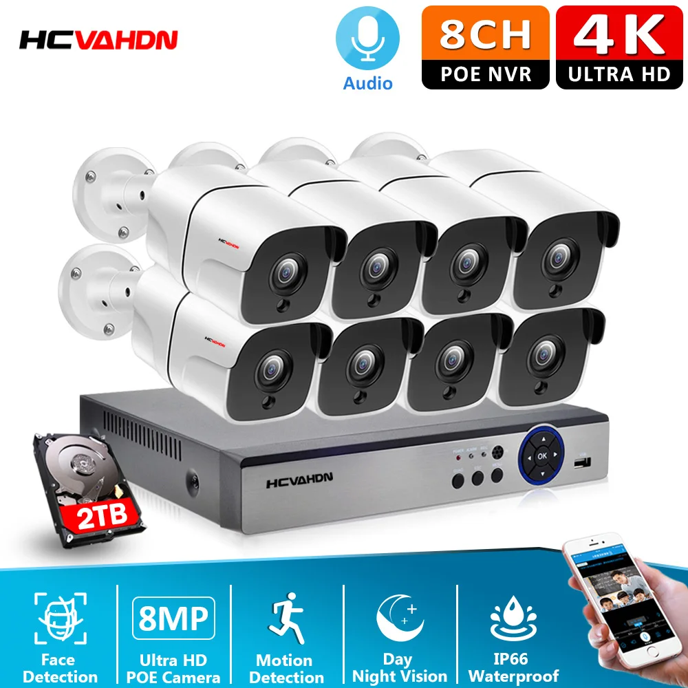 

4K Ultra HD CCTV Camera Kits 8MP 8ch Video Surveillance System H.265 Outdoor Audio Record Face Detection POE IP Camera NVR Set