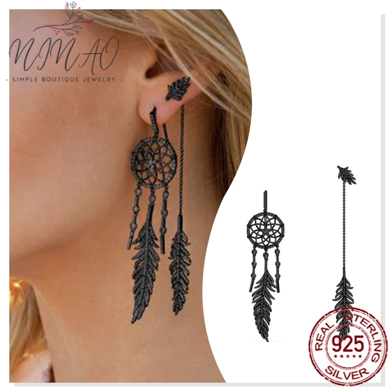 

925 Sterling Silver Zircon Ear Stud Black Dream Catcher Earrings Girl Jewelry New Holiday Gifts Fashion Party High Quality