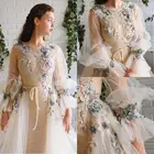 Красивые платья для выпускного цвета слоновой кости с цветами ручной работы с бисером нарукавник со съемным шлейфом украшенный бисером вырезом длинными рукавами ТРАПЕЦИЕВИДНОЕ официальное платье