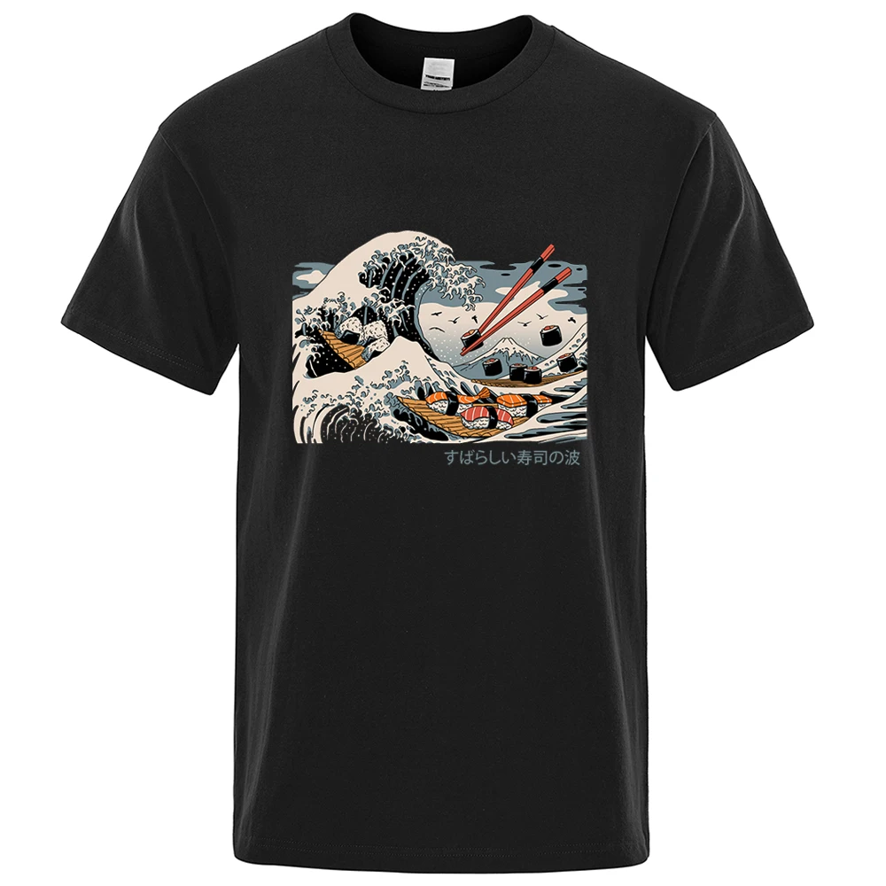 

Cotton Sushi Wave Ukiyo E Harajuku Prints Men's T Shirts Casual Stylish Sportwears Funny Cartoon Short sleeve Mans T-shirts