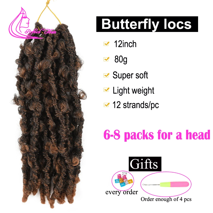

Butterfly Lock Crochet 12 Inch Soft Faux Crochet Knitting Butterfly Twisted Braided Hair Synthetic Hair Extensions 12roots/pc