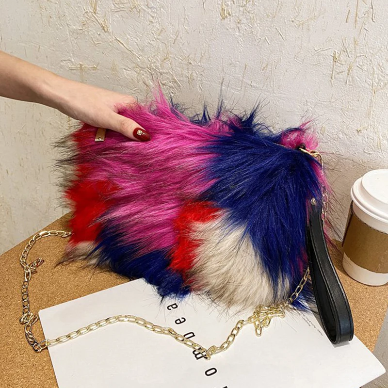 

Fashion Contrast Color Square Plush Women Shoulder Bag Mult-color Faux Fur Chains Crossbody Bags for Women Winter Plush Handbags