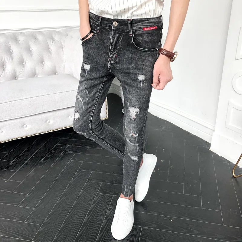 

hot 2021 Denim Jeans men's Korean style youth stylist pants guys ripped holes trendy personality slim feet ankle length pants