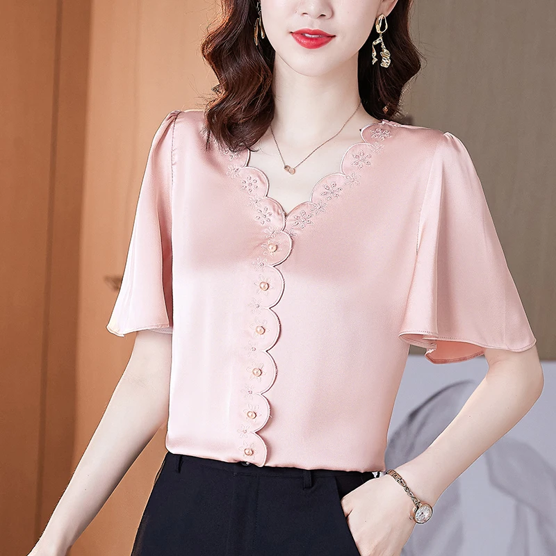 

2021 Summer Fashion Women's Chiffon Shirt Flare Sleeve V-neck Satin Embroidered Bead Print Solid Spliced Woman Tops and Blouses