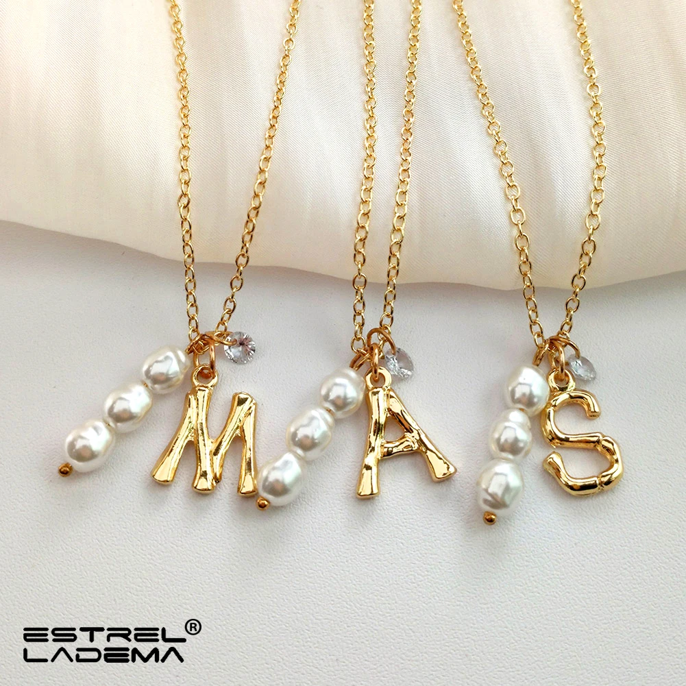 

Small Gold Color Metal Bamboo 26 Initial Letter Pendant Necklace For Women Irregular Pearl Necklace Fashion Customized Jewelry