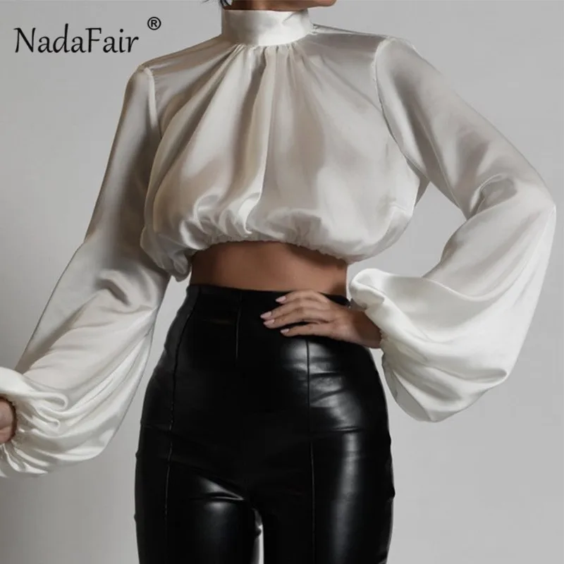 Атласный укороченный топ Nadafair с длинным рукавом черная водолазка топы и блузки