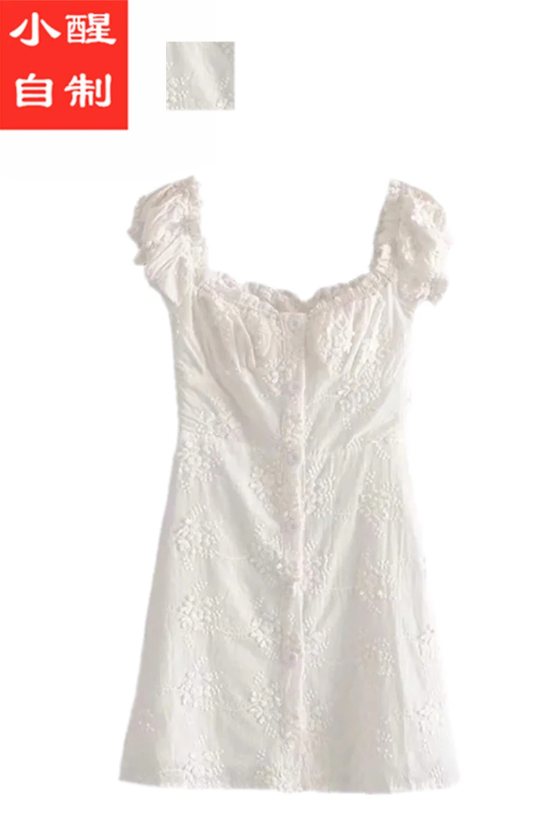 

Australian Minority Embroidery Ruffle Short Sleeve Slim Skirt Single Breasted Sexy Sweet White Embossed Dress