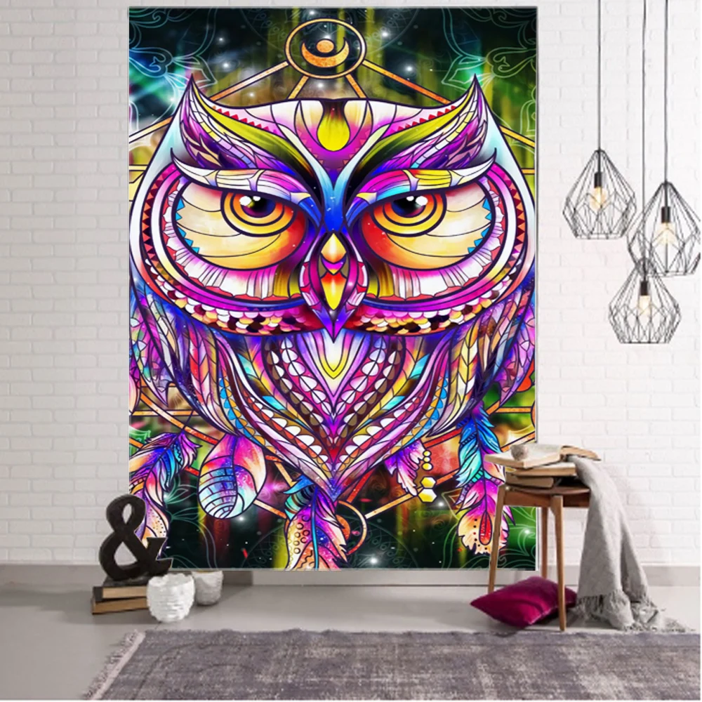 

Owl Illustration Decorative Wall Tapestry Art Deco Blanket Hanging Bedroom Living Room Decoration Mystery Mandala Bohemia