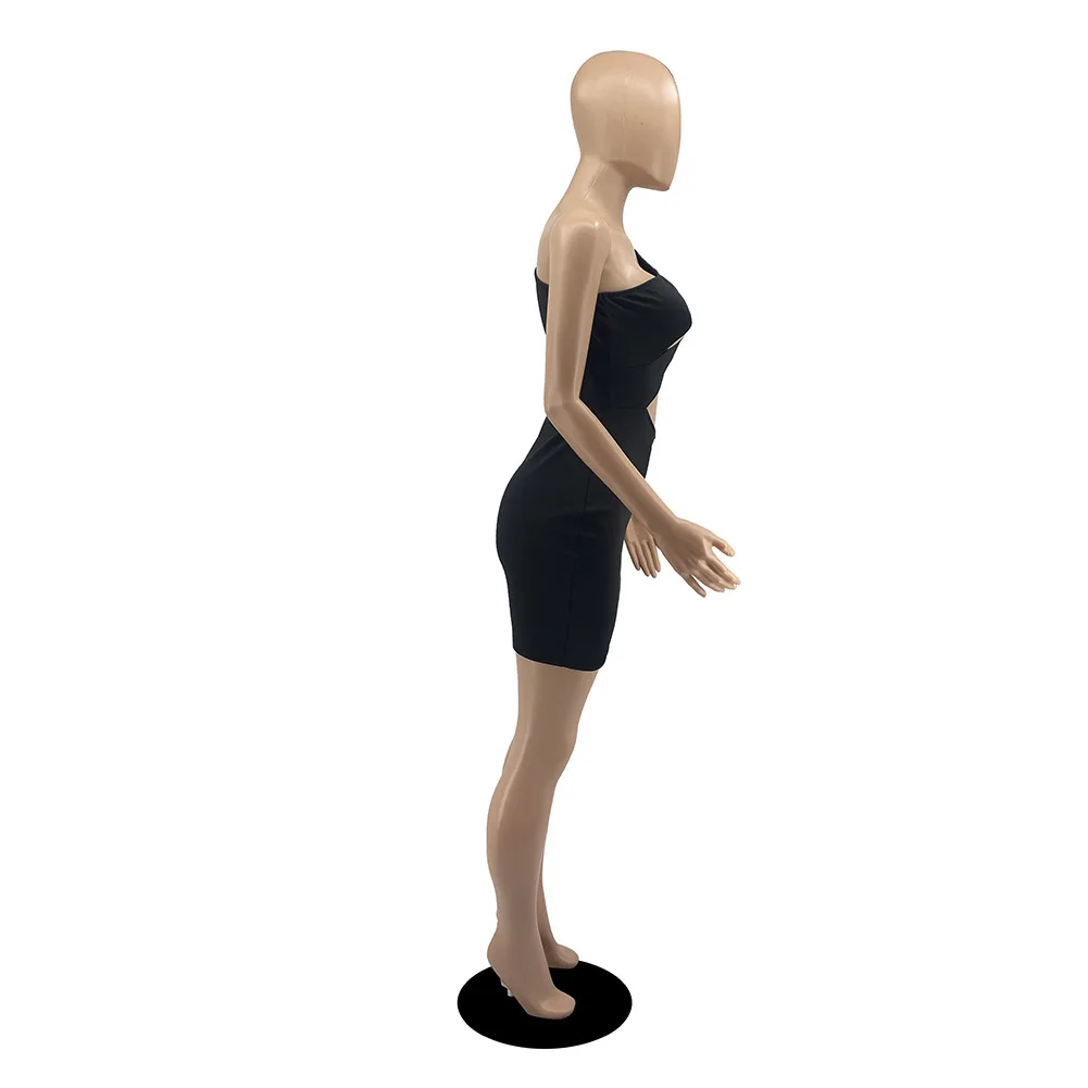 

Summer 2021New Women Sexy Black One-shoulder Diagonal Collar Hollow Out Sleeveless Mini Bodycon Dress Vestidos