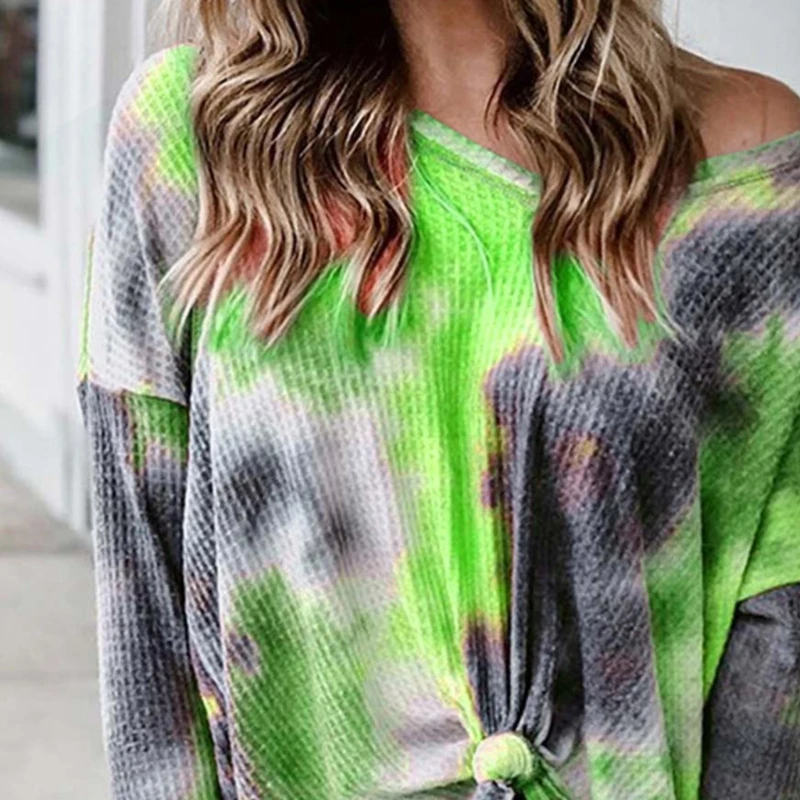 

Women Plus Size Autumn Long Sleeve Waffle Knitted Sweater Sexy V-Neck Off Shoulder Pullover Tops Gradient Tie-Dye Printed Loose