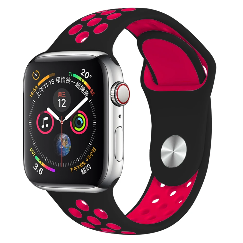 Black Red 18 Силиконовый спортивный ремешок для наручных часов Apple watch, ремешок 38 мм 40 мм 42 44 мм наручные браслет, ремешок для наручных часов iWatch серии 4/3/2/1 женские полос - Цвет ремешка: Black Red 18