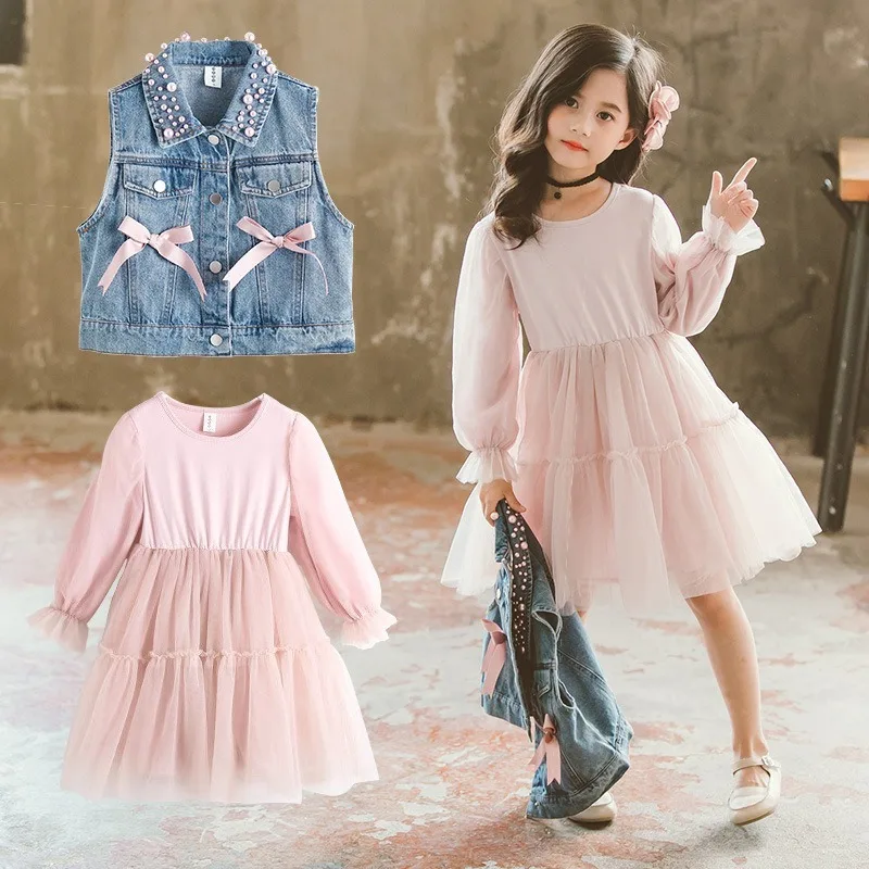 2 шт./компл. одежда для маленьких девочек джинсовый жилет с бантом + розовое