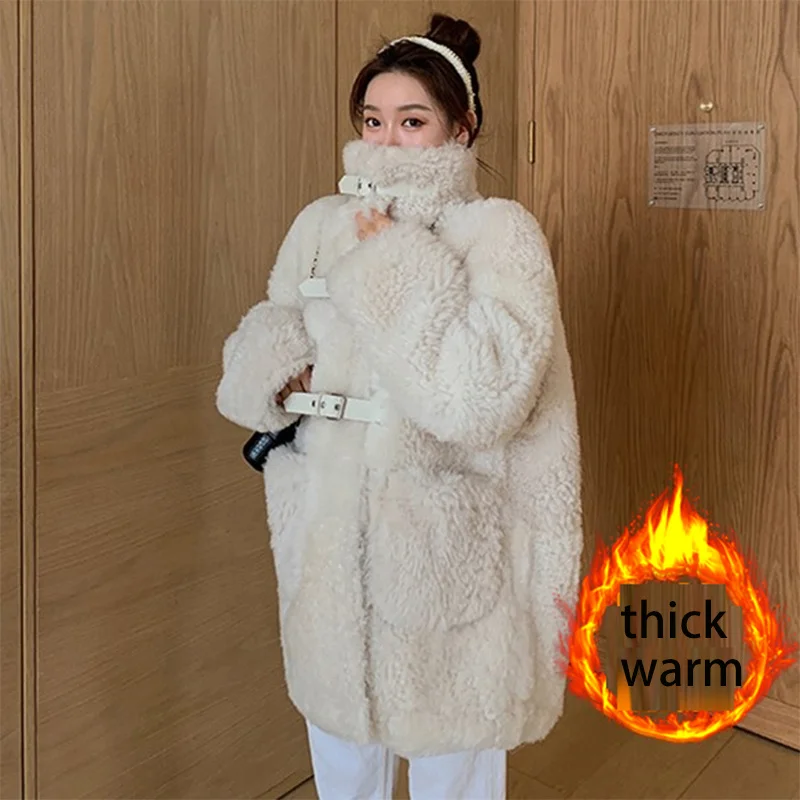 

Casual Snow Solid White Thick Warm Outwear Fashion Long Faux Lamb Street Fur Jacket Loose Winter Korean Women Black Fur Coat
