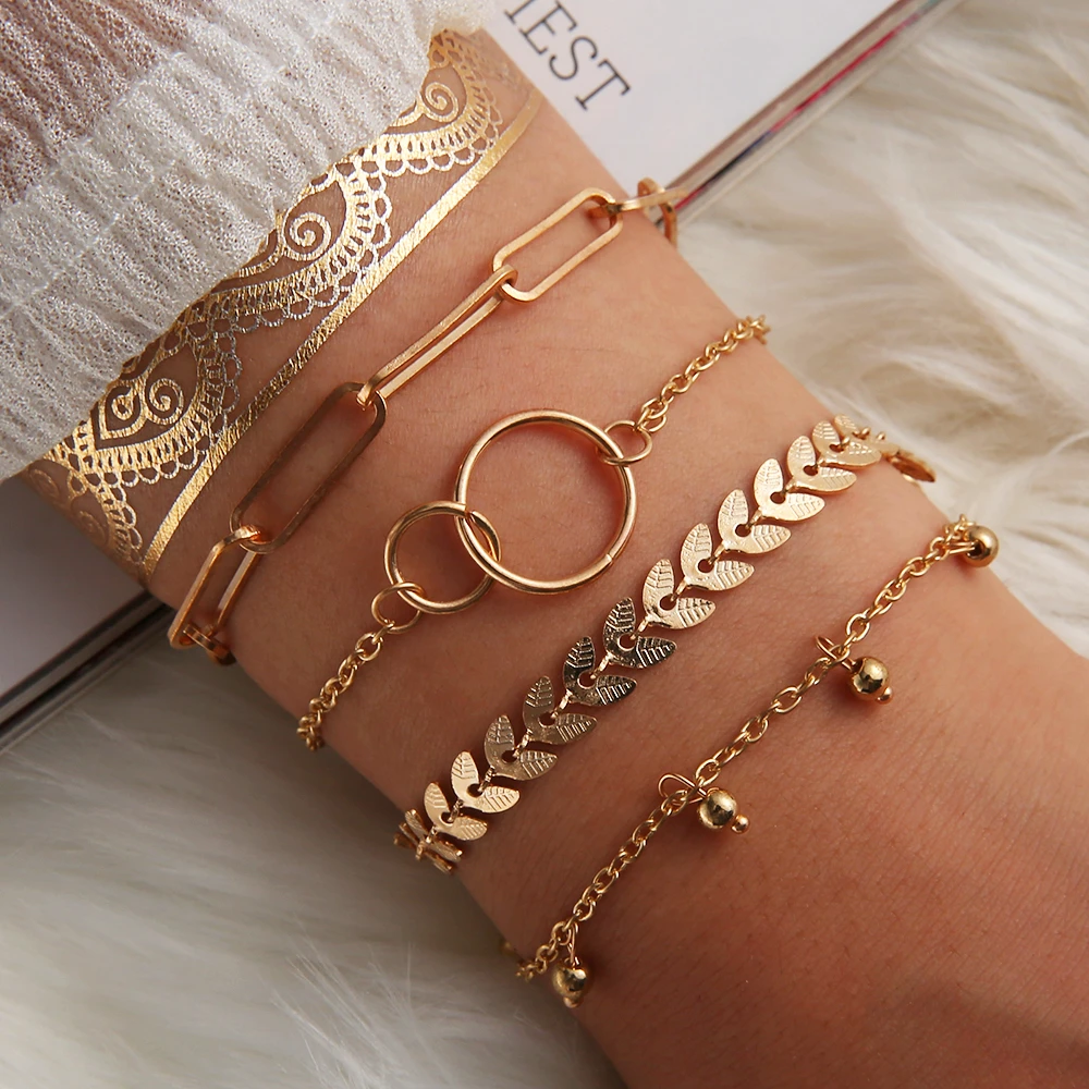 

4 Pcs/set Fashion Geometry Set for Women Gold Chain Bangles 2022 Leaf Bracelet Beach Bohemian Cuff Jewelry 2020