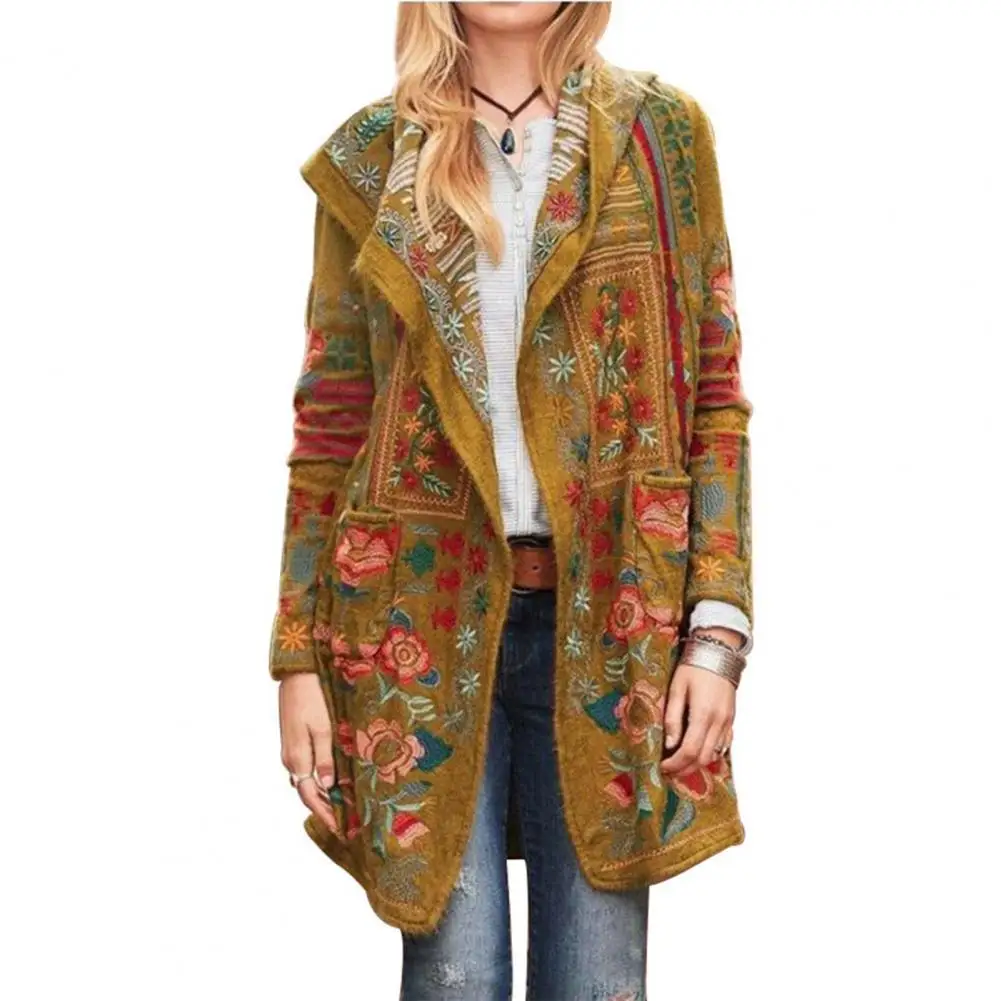 

80% HOT SALESï¼ï¼ï¼Retro Women Autumn Winter Long Sleeve Floral Print Mid-length Cardigan Coat
