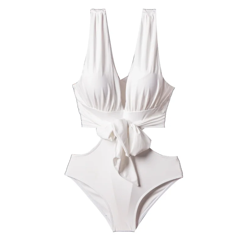

Deep V White Simple Sexy Women's Swimsuit Bikini Covering Belly Thin Backless Siamese Women's bathing suit