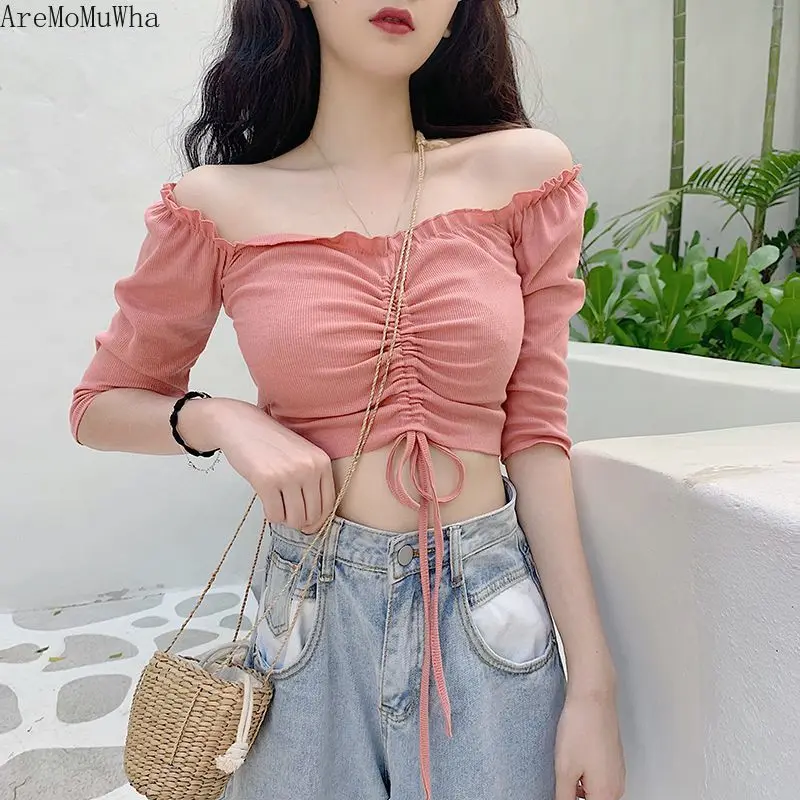 

AreMoMuWha Sexy Strapless Drawstring Draw Thin Short Jacket Female Summer 2019 New Long-sleeved Slim Navel Vest T-shirt MH447