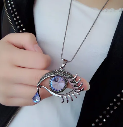 Синий глаз слеза падение черная змея свитер цепь горный хрусталь кулон ожерелье