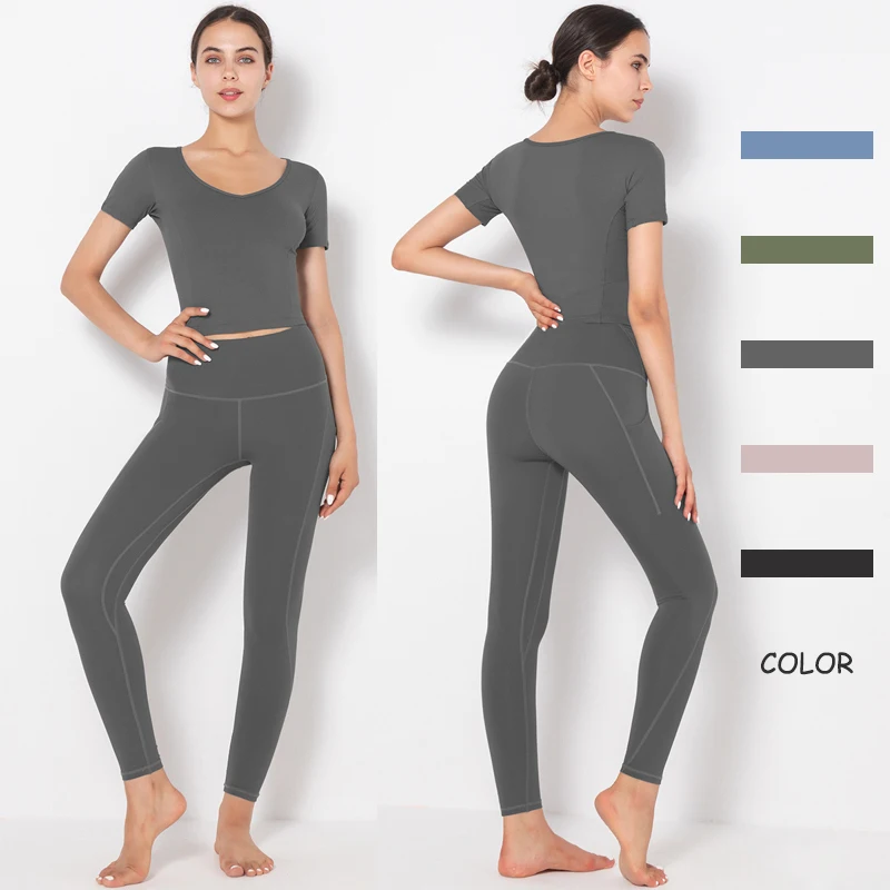 

Women Cycling Body Building Suit Solid Color Nude Sports Suit Sexy Short Sleeved T-shirt Leggings Suit Pocket Casual Yoga Suit