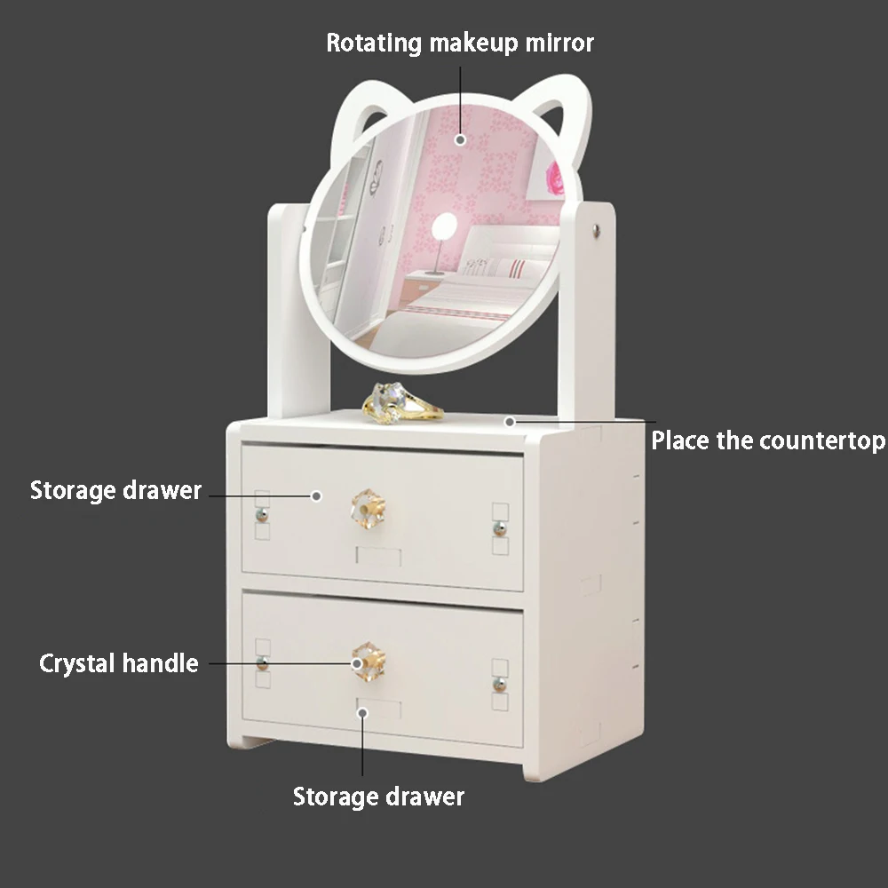 

Makeup Mirror Adjustable Vanity Mirror Rotate Wooden Cute Desk Dressing Mirror Women Portable Large Cosmetic Storage Box Shelf