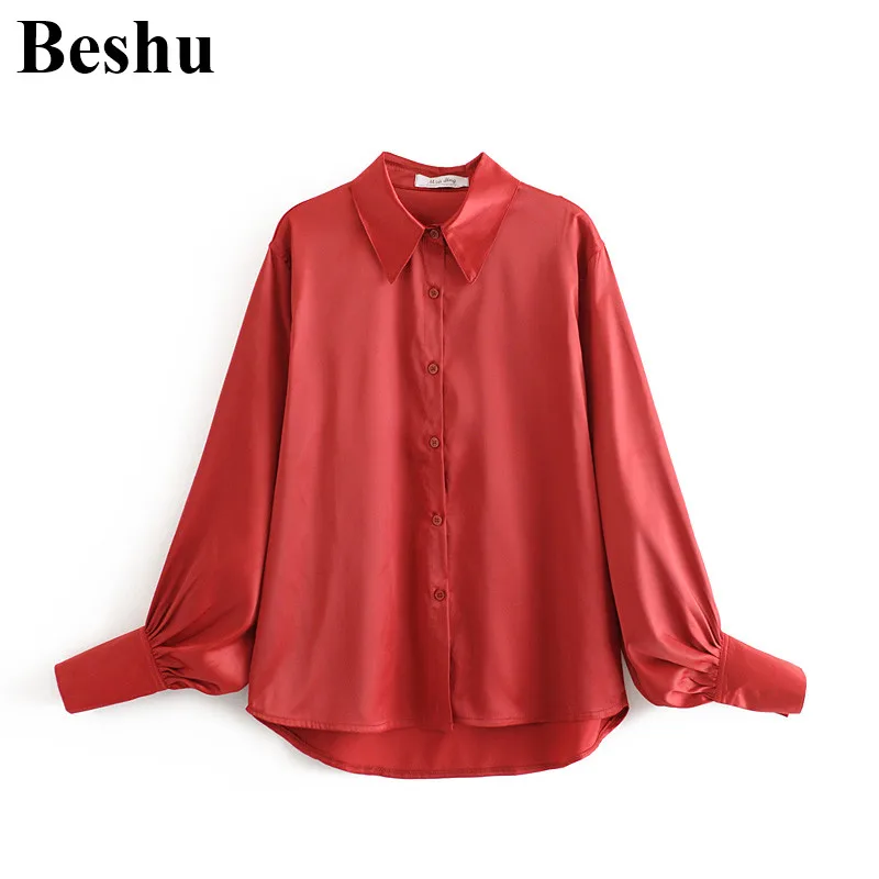 Za 2020 модная блуза для женщин красное сатиновое платье с отложным воротником