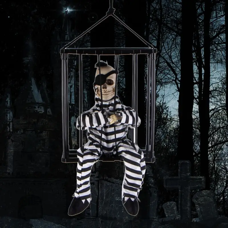 

Halloween Decoration Induction Skeleton Skull Death Prisoner Eyes Glowing Scary Screaming Cage Ghost Scene Hanging Props toys