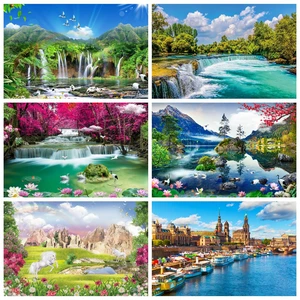 Фон для фотосъемки Laeacco с изображением горы водопада журавля реки синего неба облачной природы