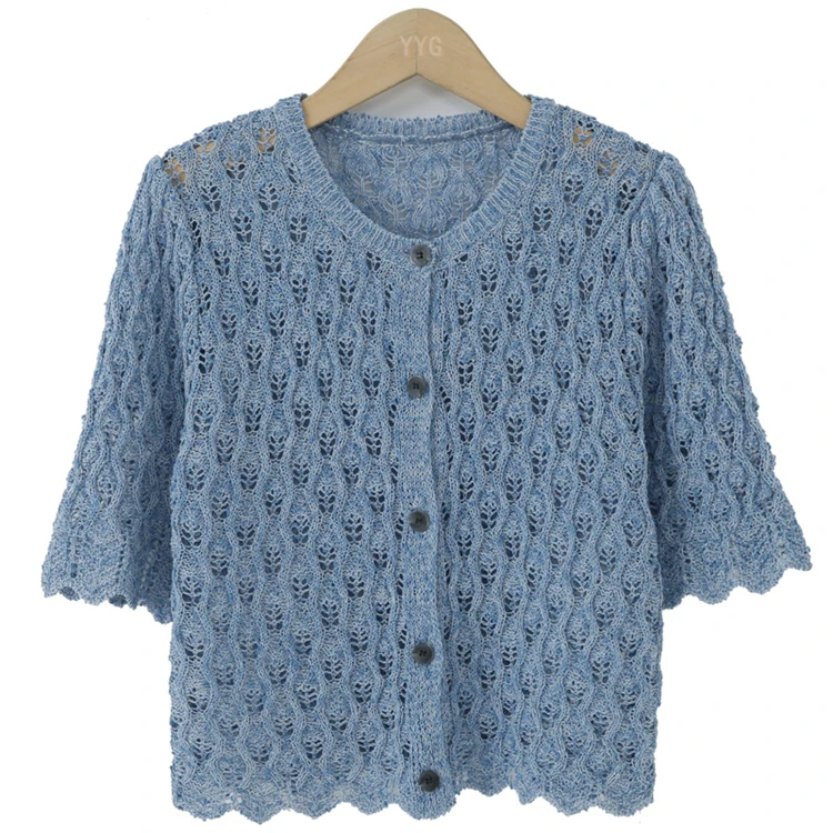 

Fashion women's cardigan 2021 summer thin cut-out top loose lazy wind wave edge stretch knitted cardigan