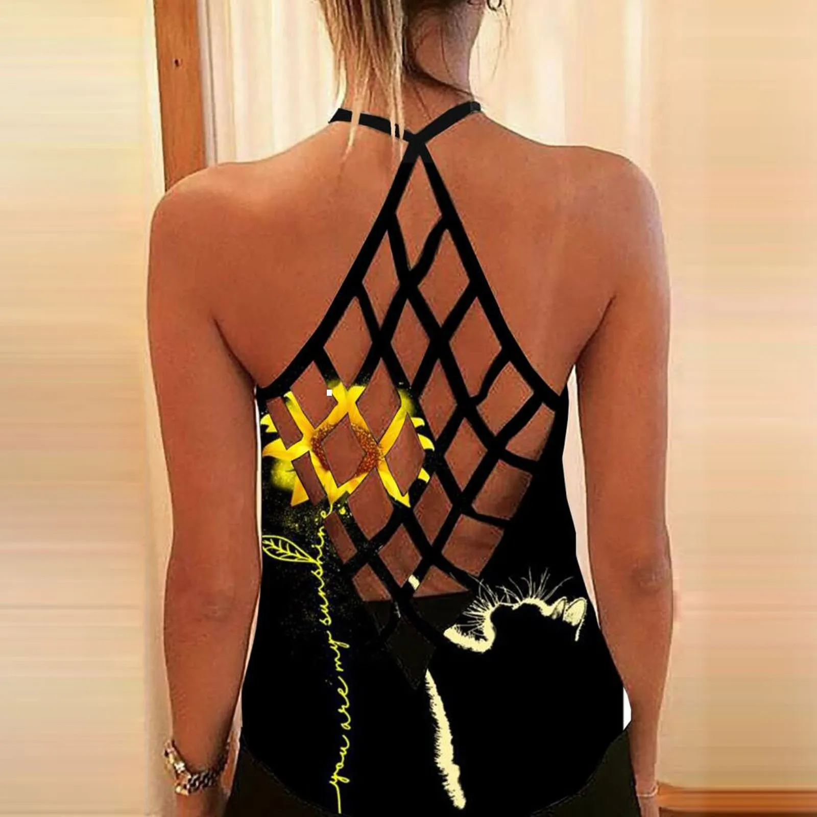 Женская майка на бретелях с открытой спиной принтом черепа подсолнуха без