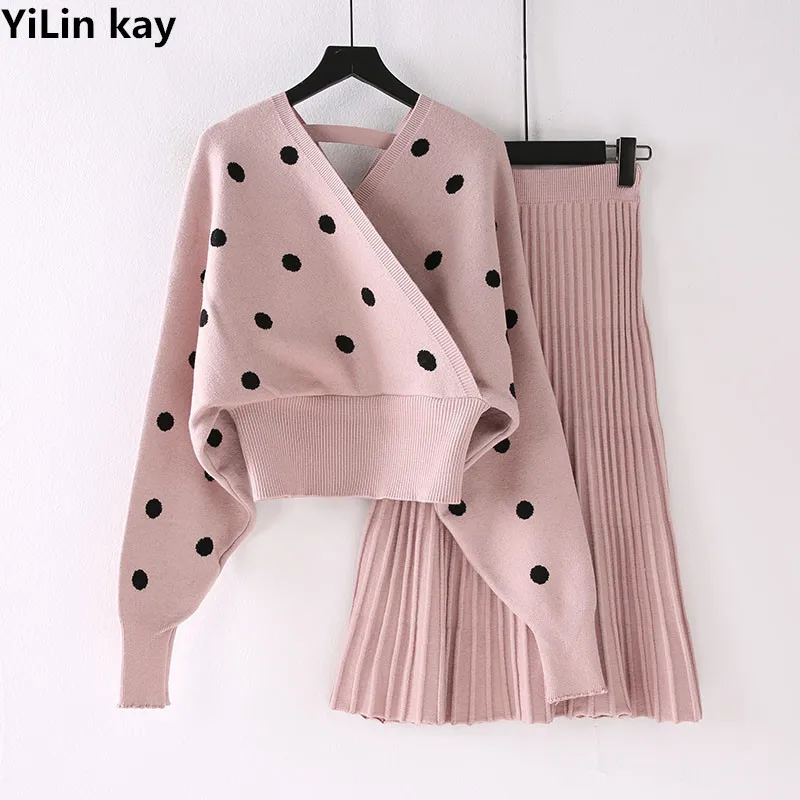Комплект из 2 предметов свитер вязаные юбки костюмы для женщин весна 2020 в горошек