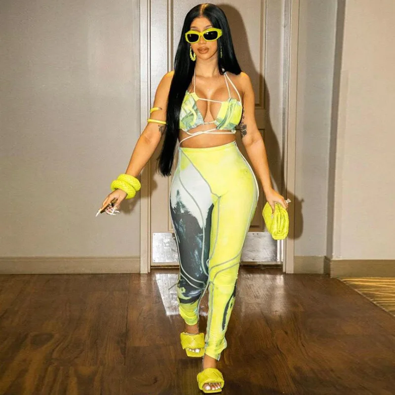 

Summer New Print Patchwork Camisole And Trousers Two Piece Set 2021 Fashion Sexy Tracksuit Female Stretch Matching Set