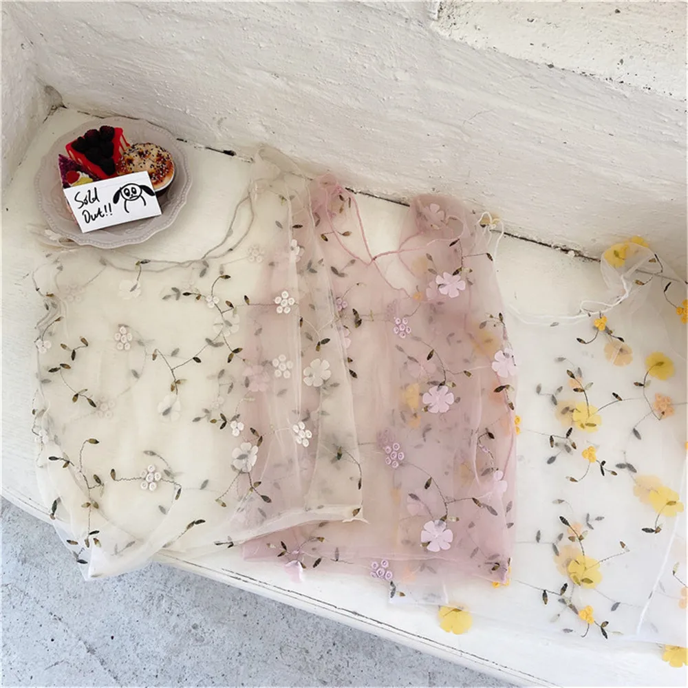 1Pc Women Transparent Tote Mesh Cloth Bag Embroidery Handbag Flower Tulle Fruit Bag Shopping Bag Fresh Net Yarn Hand Bag