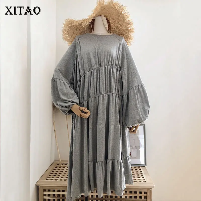 gray GCC1358 XITAO плюс размер с высокой талией Миди платье для женщин Корея Мода осенние гофрированные расширяющиеся книзу рукав из смешанных материалов платье GCC1358 - Цвет: gray GCC1358