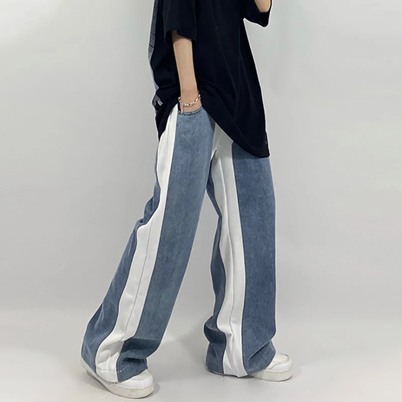 

SHENGPALAE Streetwear Contrast Color Spliced Jeans Women's Spring Autumn 2021 New High Elastic Waist Loose Straight Denim Pants
