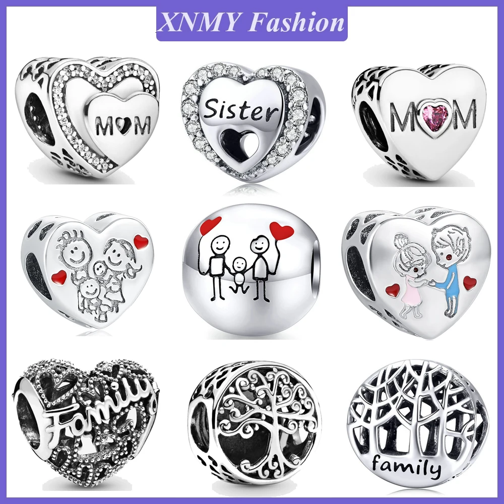 

XNMY Hot Sale Silver Color Hollow Family Tree Mom Sister Beads Fit Original Pandora Charms Bracelet Bangle Women DIY Jewelry