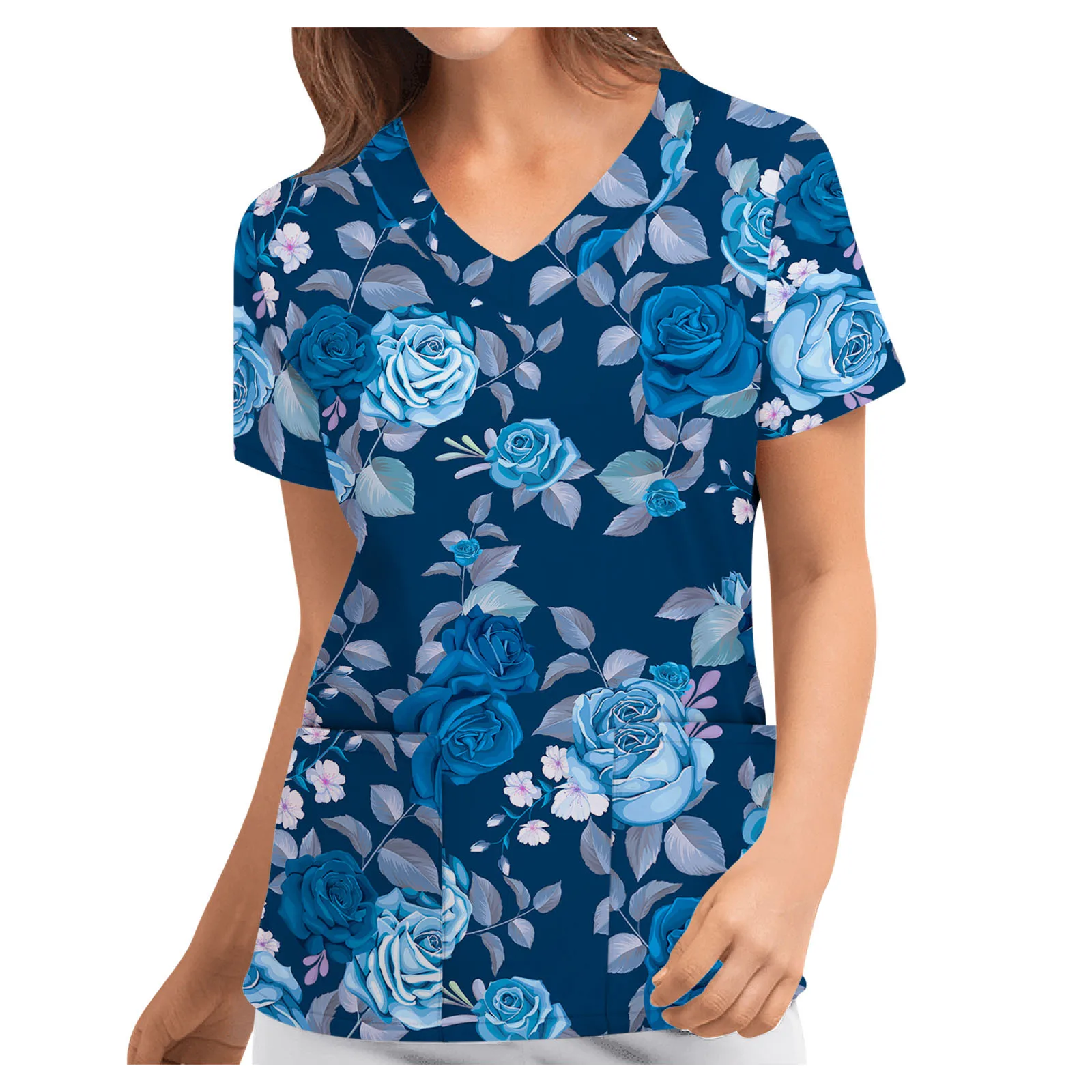 

Nurse Uniform Women Blouse V-neck Flowers Print Female Worker Pattern Pocket Short Sleeve Tops T-shirts Care Breathable Uniform